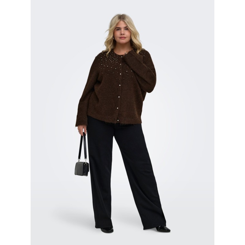 ONLY CARMAKOMA Miggie langærmet perle strikcardigan - Coffee Bean