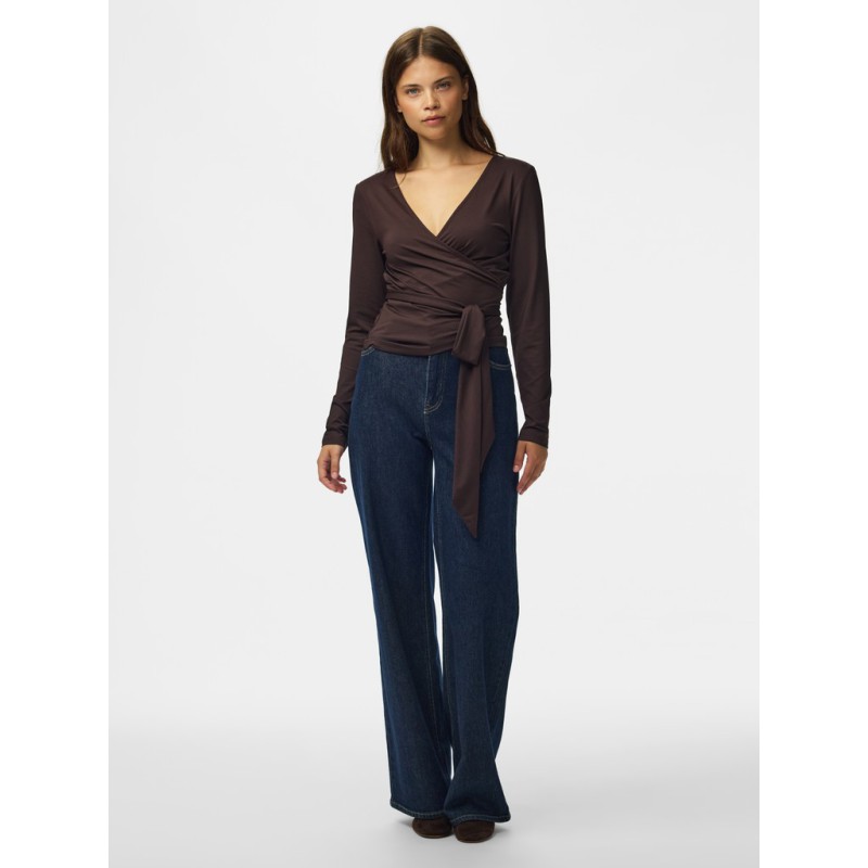 PIECES Ester langærmet wrap bluse - Chocolate Plum