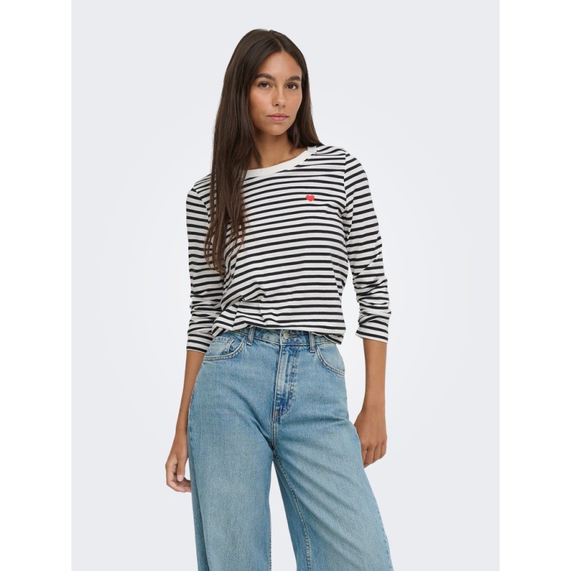 JDY Pisa langærmet print bluse - Cloud Dancer / New Stripe Black