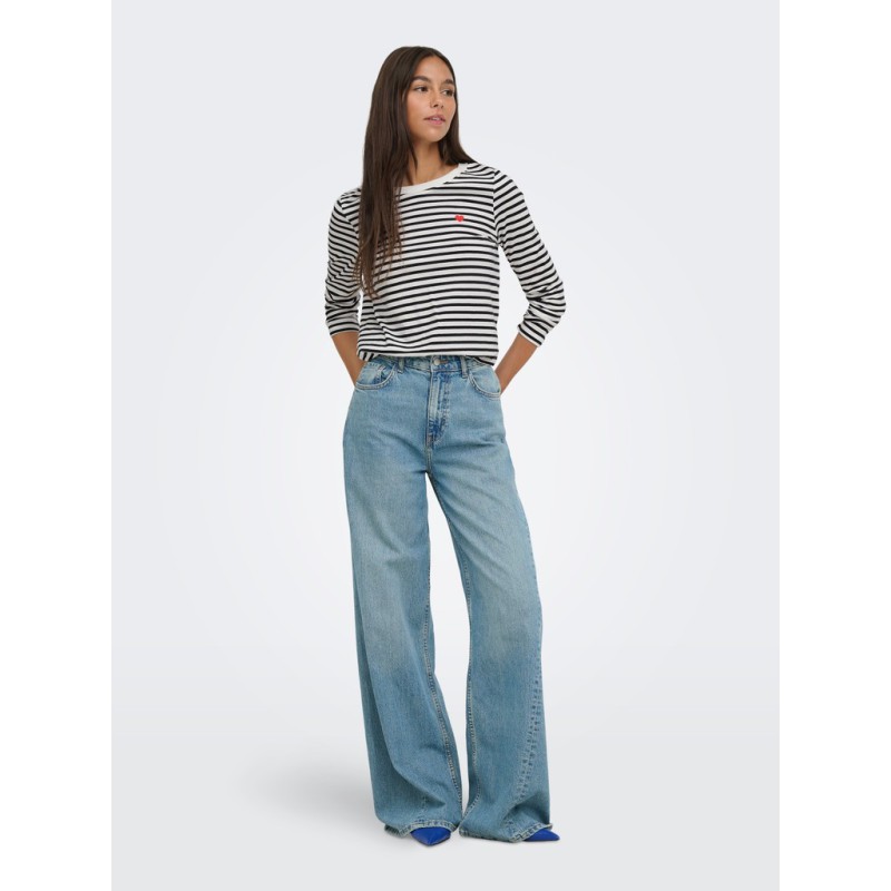JDY Pisa langærmet print bluse - Cloud Dancer / New Stripe Black