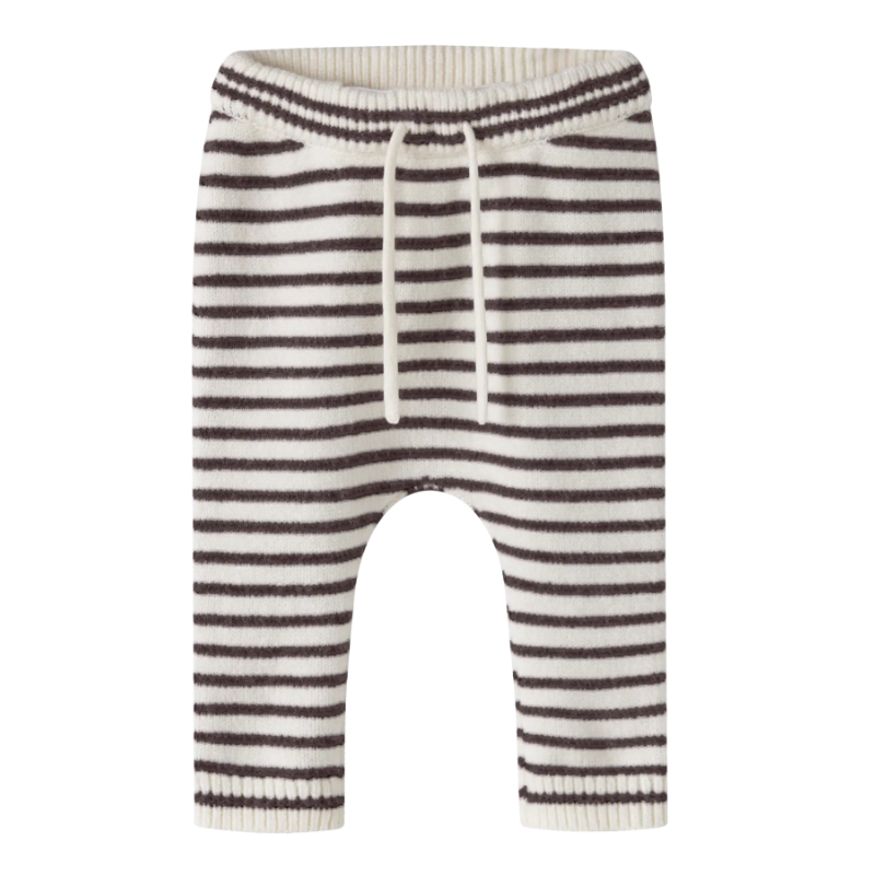 NAME IT BABY dreng - Ostripe strikbukser - Antique White / Chocolate Plum