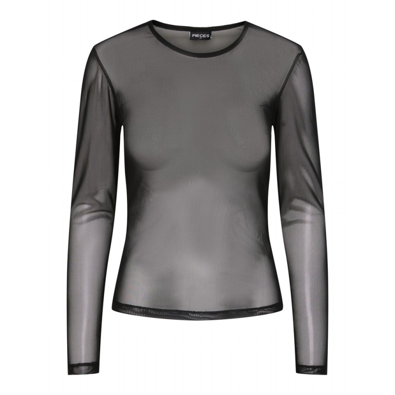 PIECES Ninni langærmet mesh top - Sort