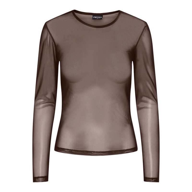 PIECES Ninni langærmet mesh top - Hot Fudge