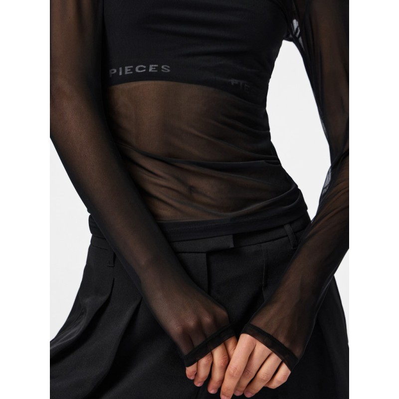 PIECES Ninni langærmet mesh top - Sort