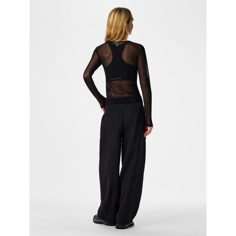 PIECES Ninni langærmet mesh top - Sort
