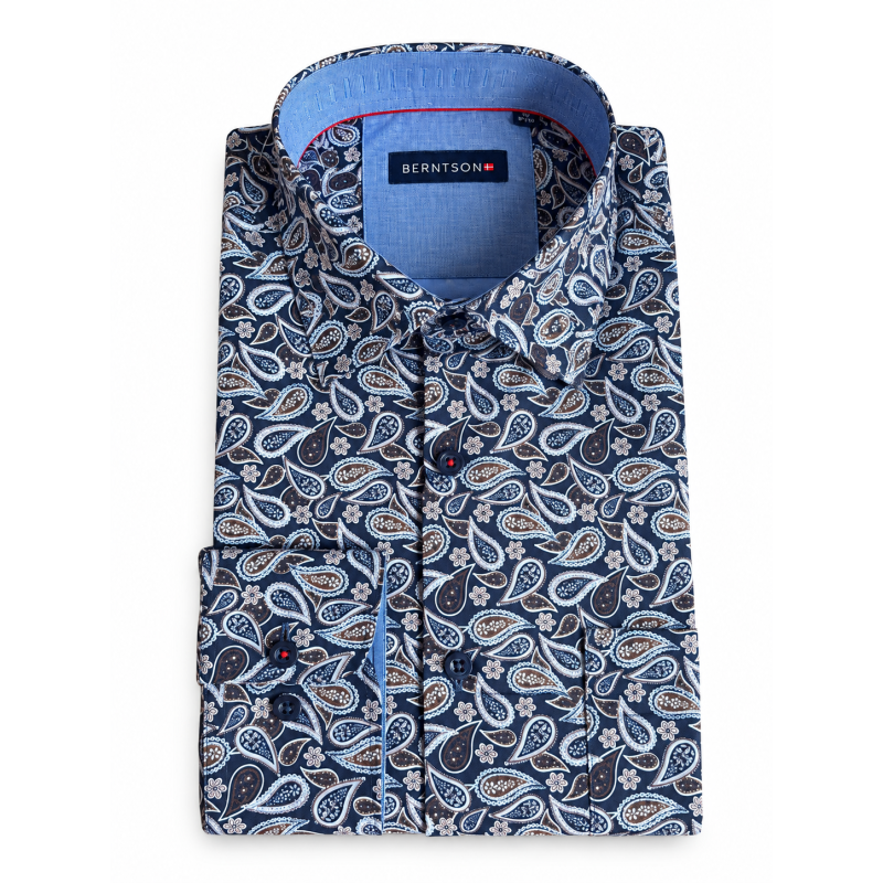 BERNTSON Strygefri langærmet skjorte - Dark Navy Print
