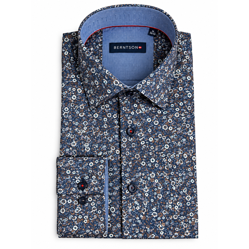 BERNTSON Strygefri langærmet skjorter - Navy Floral
