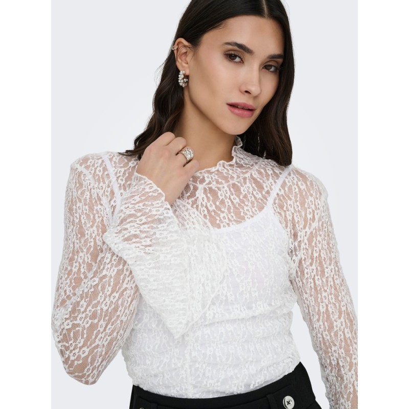 JDY Lala high neck lace bluse - Cloud Dancer