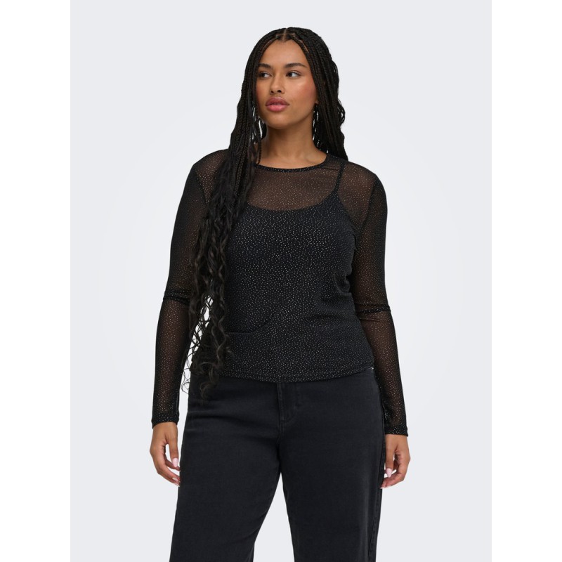 ONLY CARMAKOMA Opus mesh glitter bluse - Black / Silver glitter dots