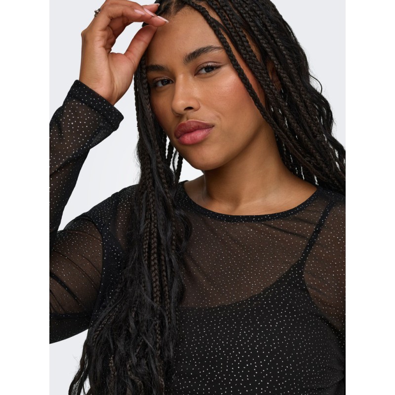 ONLY CARMAKOMA Opus mesh glitter bluse - Black / Silver glitter dots