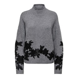 ONLY Lisa highneck detail striktrøje - Medium Grey Melange / Embroidery