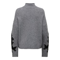 ONLY Lisa highneck detail striktrøje - Medium Grey Melange / Embroidery
