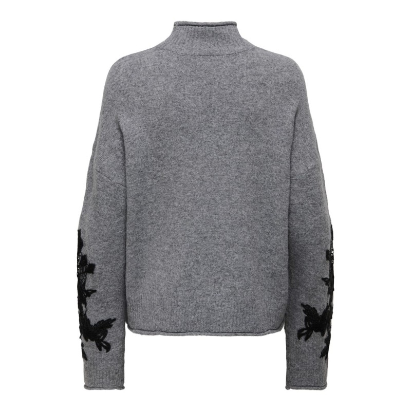 ONLY Lisa highneck detail striktrøje - Medium Grey Melange / Embroidery