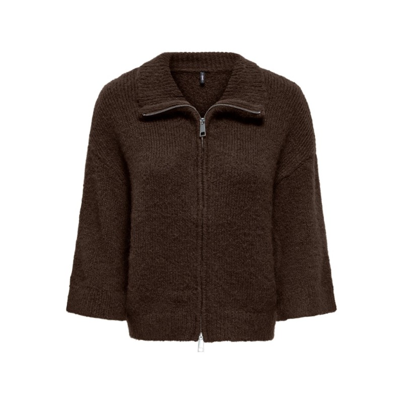 ONLY Maggie 3/4 wide zip strikcardigan - Coffee Bean