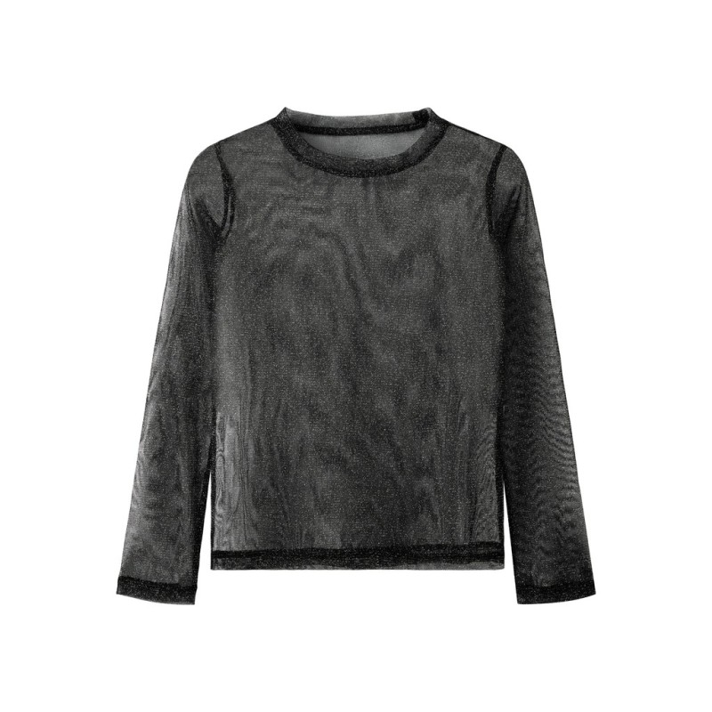 NAME IT KIDS Pige - Glitter langærmet mesh bluse - Black