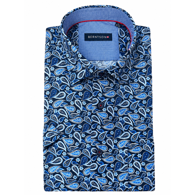 BERNTSON Strygefri kortærmet skjorte - Blue Paisley