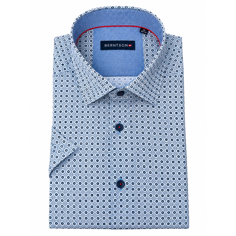 BERTNSON Strygefri kortærmet skjorte - Light Blue Pattern