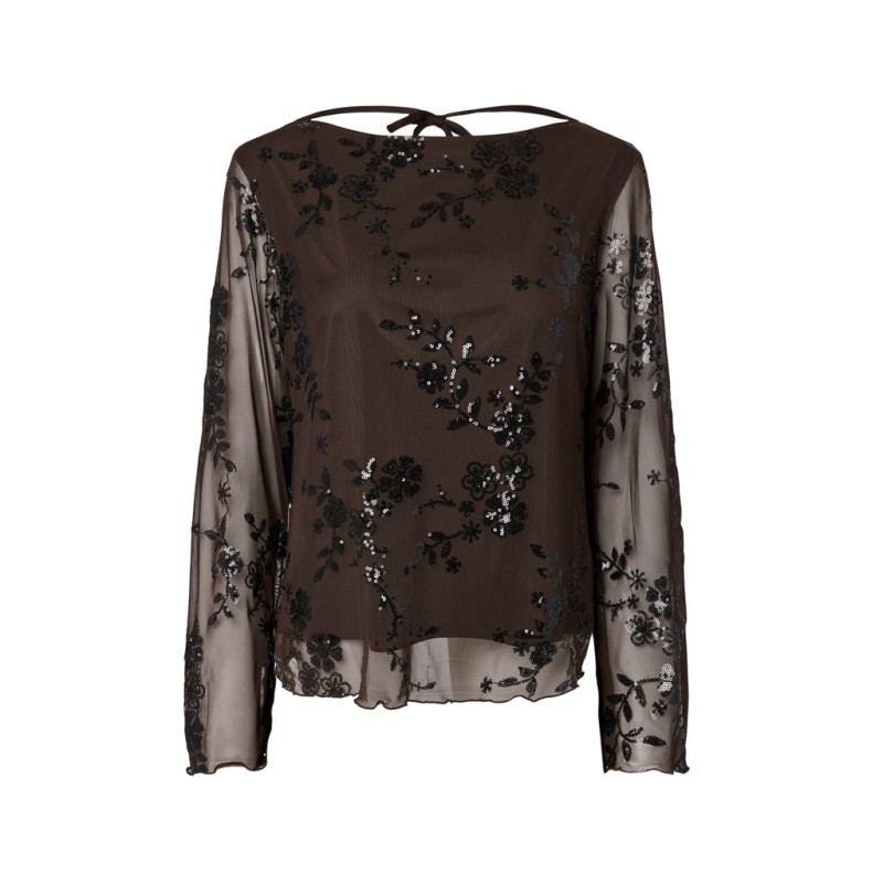 PIECES Vita langærmet loose mesh top - Wren / Sort Palietter