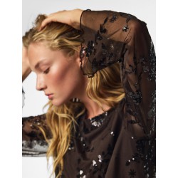 PIECES Vita langærmet loose mesh top - Wren / Sort Palietter