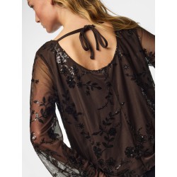 PIECES Vita langærmet loose mesh top - Wren / Sort Palietter