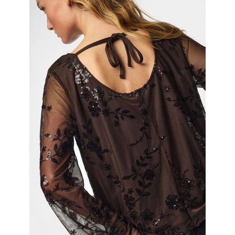 PIECES Vita langærmet loose mesh top - Wren / Sort Palietter