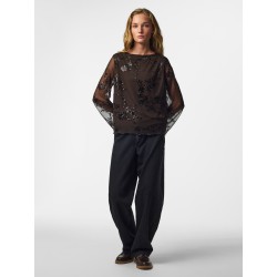 PIECES Vita langærmet loose mesh top - Wren / Sort Palietter