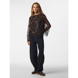 PIECES Vita langærmet loose mesh top - Wren / Sort Palietter