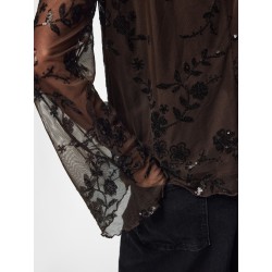 PIECES Vita langærmet loose mesh top - Wren / Sort Palietter