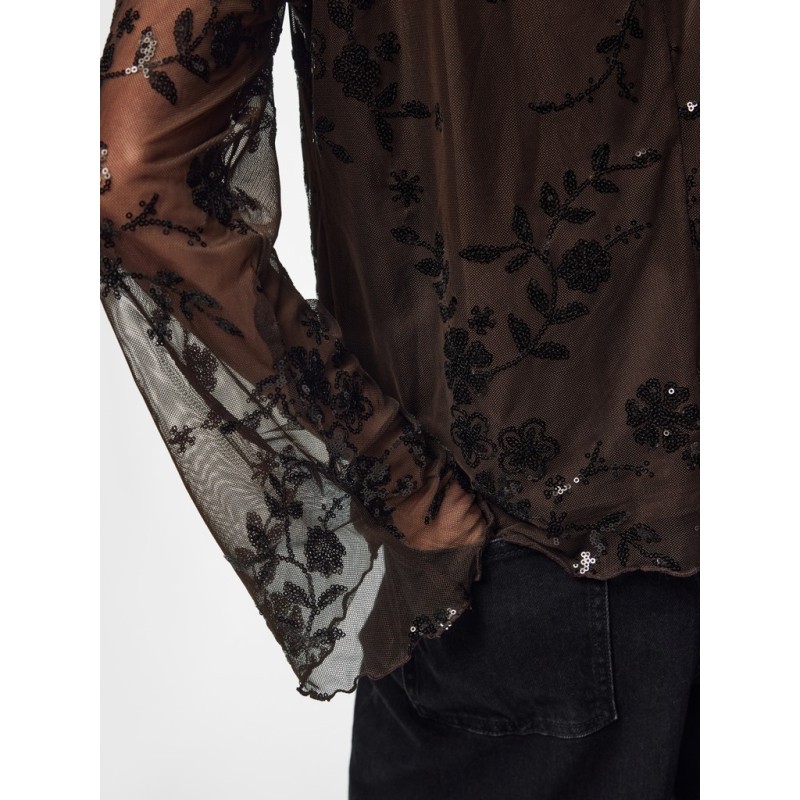 PIECES Vita langærmet loose mesh top - Wren / Sort Palietter