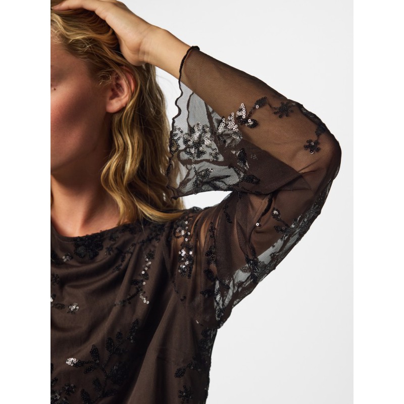 PIECES Vita langærmet loose mesh top - Wren / Sort Palietter
