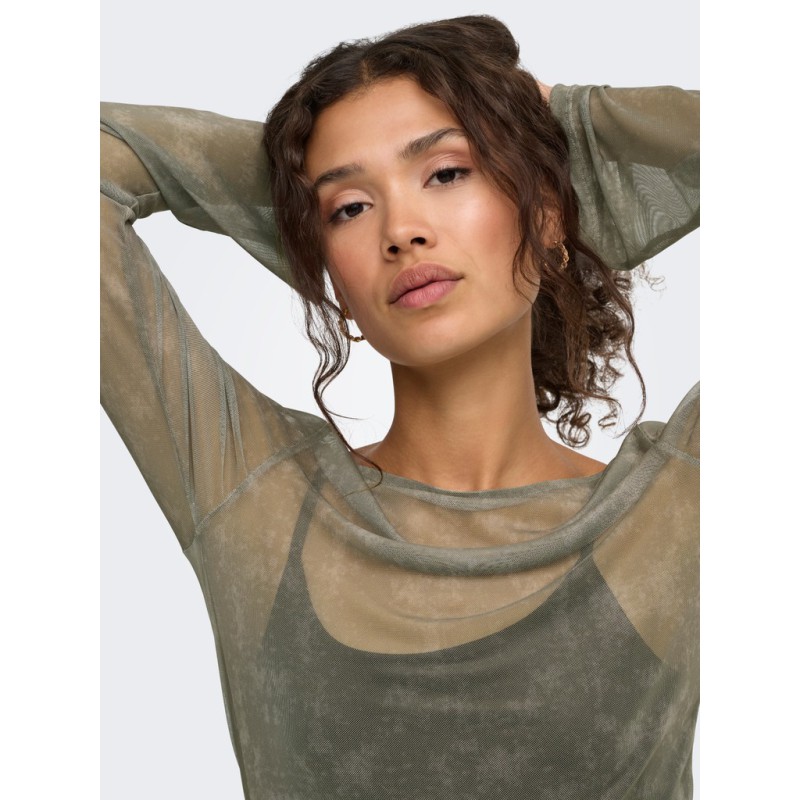 ONLY Nox langærmet boatneck mesh bluse - Walnut / Camouflage