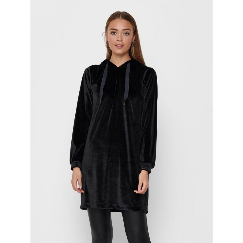 JDY VELVET HOODIE DRESS - BLACK