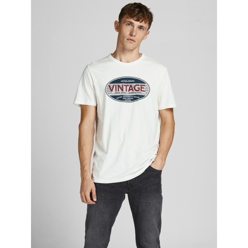 JACK & JONES DENIM O-NECK T-SHIRT - CLOUD DANCER