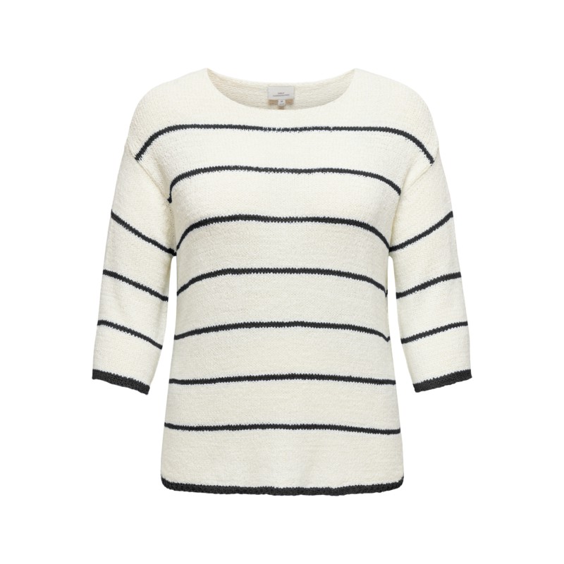 ONLY CARMAKOMA Geena 3/4 Stripe V-Neck Knt - Cloud Dancer