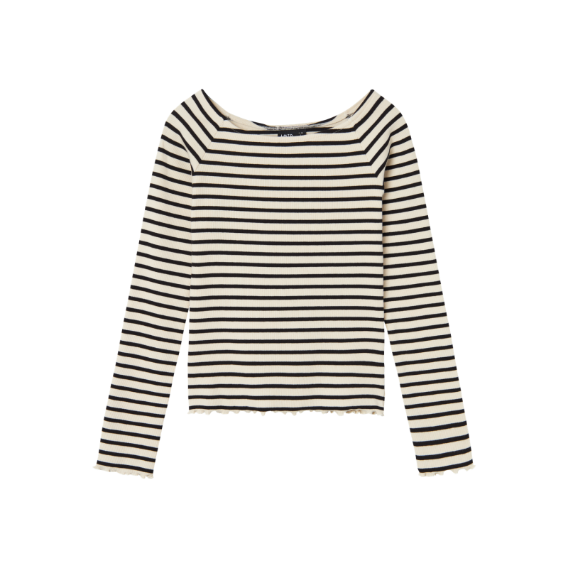 LMTD Rille Langærmet Boatneck Top - Hvid Alyssum