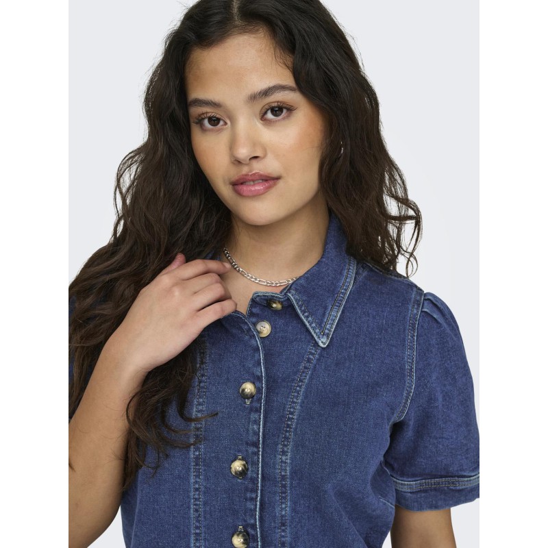 ONLY Capri S/S But Pocket Denim Kjole Cro - Dark Blue Denim